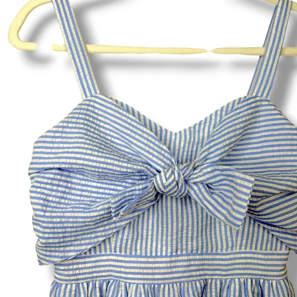 English Factory Blue White Stripe Seersucker Pattern Tier Knot Front Maxi Dress - Image 3