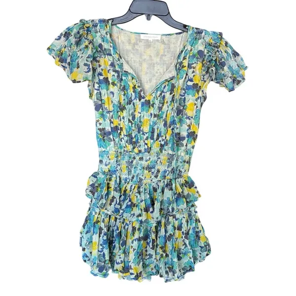 Love Shack Fancy 100% Cotton Blue Yellow Audette Floral Mini Dress Size Small - Image 2