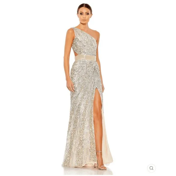 Mac Duggal 5687 SEQUINED ONE SHOULDER DRAPED LACE UP GOWN dress Silver 8 - Image 3