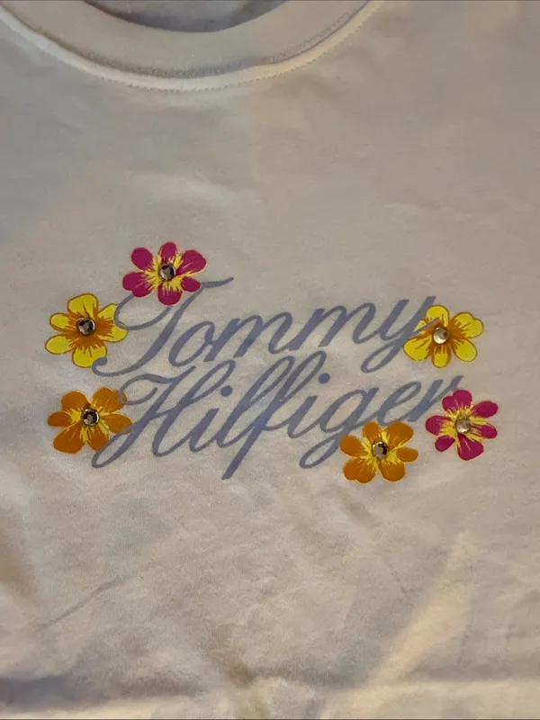 Tommy Hilfiger White Tee with Pink & Yellow Floral Logo - Image 3