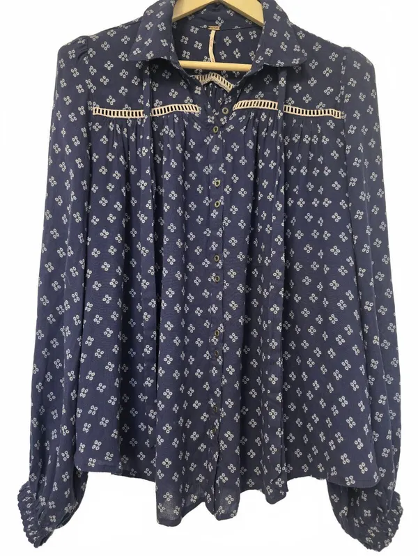 Free People Womens Every Day Girl Size Medium Boho Cottagecore Navy Blue Dot - Image 2
