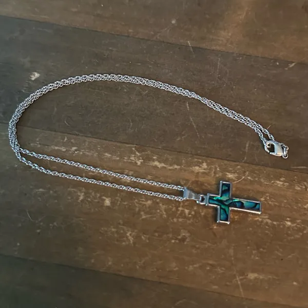 Silver tone abalone cross pendant necklace - Image 2