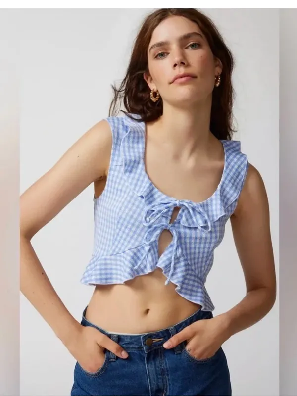 Urban Outfitters Blue Gingham Ruffle Tie-Front Crop Top - Image 2