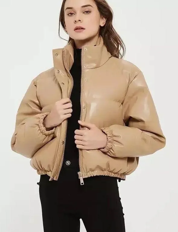 Small crop puffer beige Carmel warm winter coat jacket big Nwot Tan - Image 2