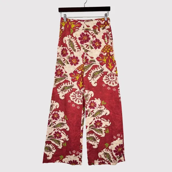 ZARA Womens Pants Red Floral Wide Leg Linen Blend Pleated Trouser Boho Small - Image 2