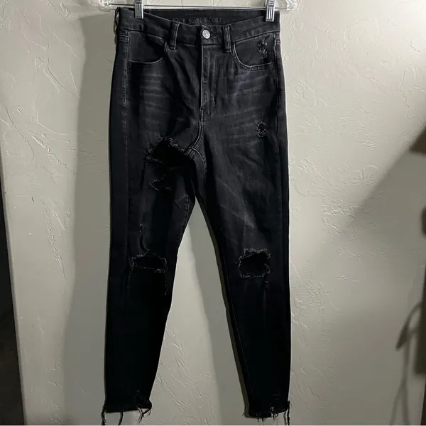 American Eagle Black The Dream Curvy Super Hi Rise‎ Distressed Denim Jeans - Image 2