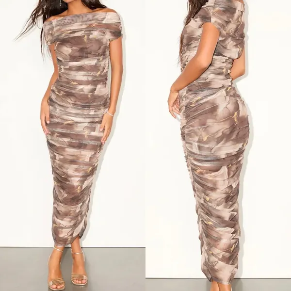 NWT Lulus Size XXS Sunama Taupe Abstract Mesh Ruched Bodycon Midi Dress Glam - Image 2