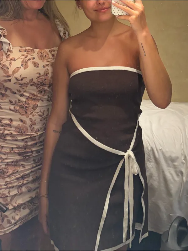 Brown Strapless Knit Dress with Cream Trim - Image 3