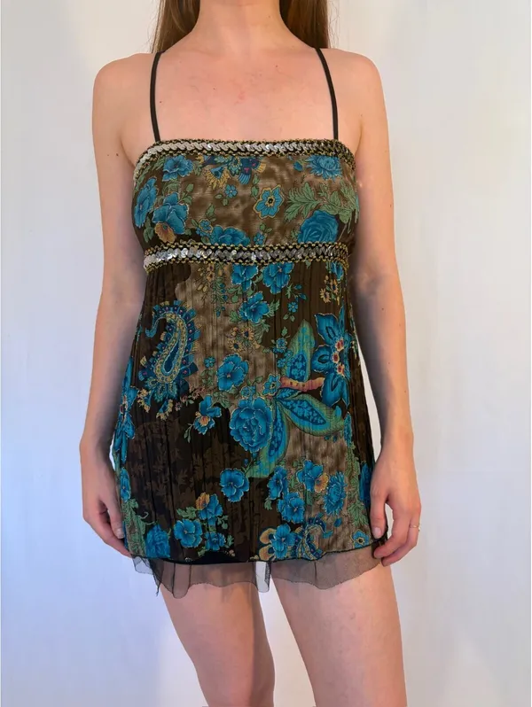 Fairy Boho Paisley Peacock Blue and Brown Floral Y2K Cami - Image 3
