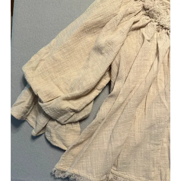 Free People Boho Frayed Gauze Peasant Blouse Top Beige Women Size Medium - Image 4