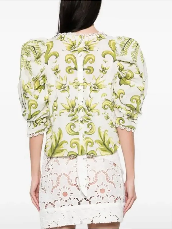 FARM RIO Milani Blouse Floral Puff-Sleeve Women's Top in Olive Green Size Large - Image 2
