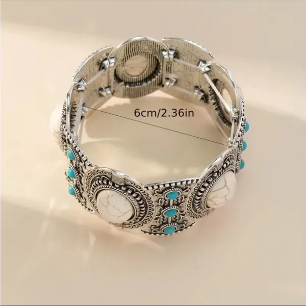 Bohemian Retro Style Silver Color Elastic‎ Women's Turquoise Bracelet - Image 3