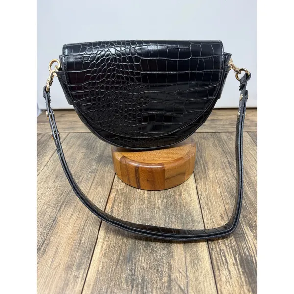 MNG Mango Black Crocodile Embossed Half Moon Shoulder Bag Gold Hardware - Image 3