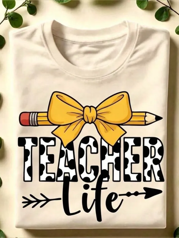 Teacher Life Graphic T-Shirt cream Round Neck Short Sleeve Cotton Tee Size M - Image 2