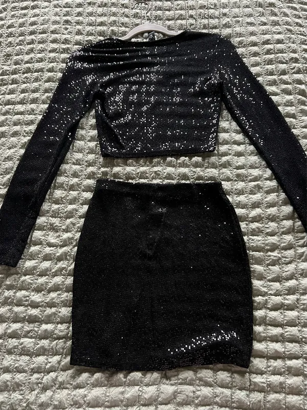Windsor Black sequin two-piece skirt set with long-sleeve crop top and matching skirt. Sleek, sparkly fabric creates standout evening style. Comfortable fit with a polished, modern silhouette. Perfect for parties and special occasions. - Image 5