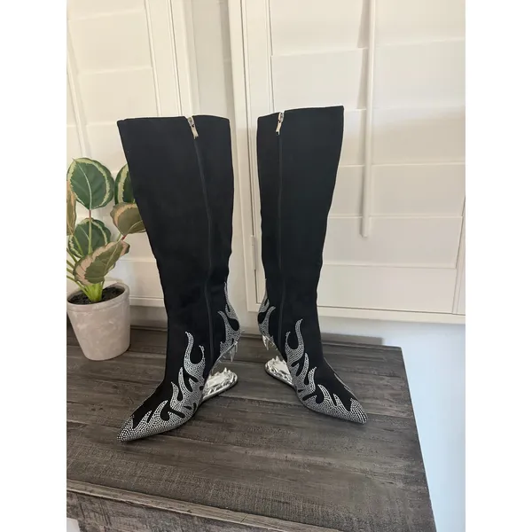 Others Follow Women Size 8 Wedge Heel Flame Rhinestone Point Toe Knee High Boot Fashion Trendy - Image 5