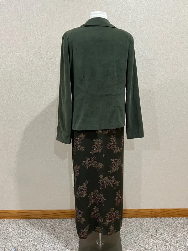 Erika Vintage 90s Two Piece Set Olive Green Floral Maxi Dress & Shacket Sz Small - Image 8