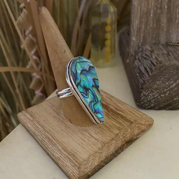 Mermaid Abalone Sterling Silver Large Boho Ring Size 9 Gold - Image 2