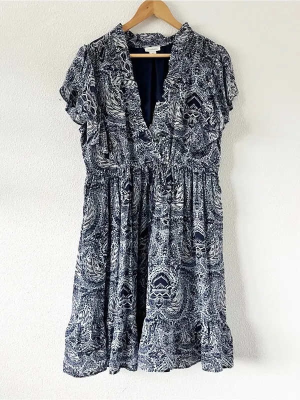 Sundance Paisley Ruffle Boho Viscose Pocketed Blue Print V-Neck Mini Dress - Image 2