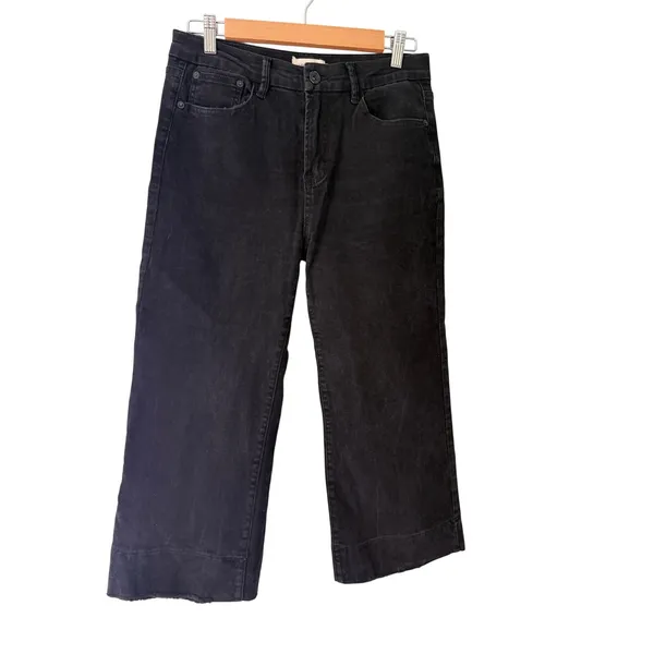 Umgee Black Denim Wide Leg Cropped Raw Hem Pants J4040 - Image 2