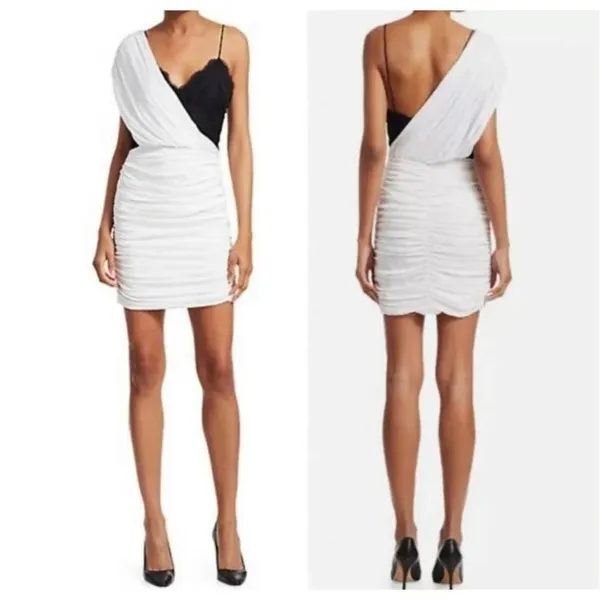 Alice + Olivia Bianca Mini Dress Ruched One-Shoulder‎ Silk White Black Size 6 - Image 2
