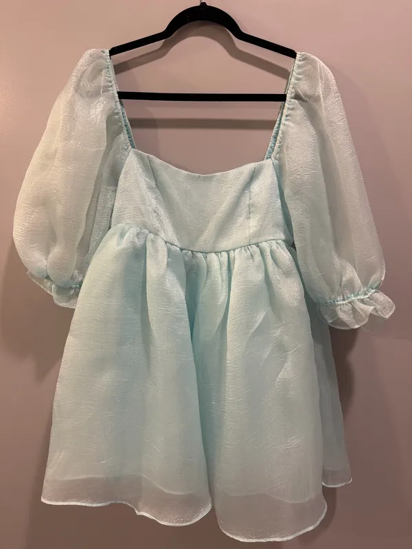 Entro Klesis Shimmery Puff Sleeve Square Neck Babydoll Dress Ice Blue - Image 5