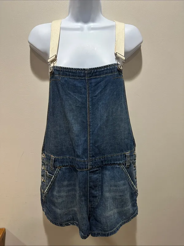 Free People Blue Denim Short Overalls with White Straps - Image 3