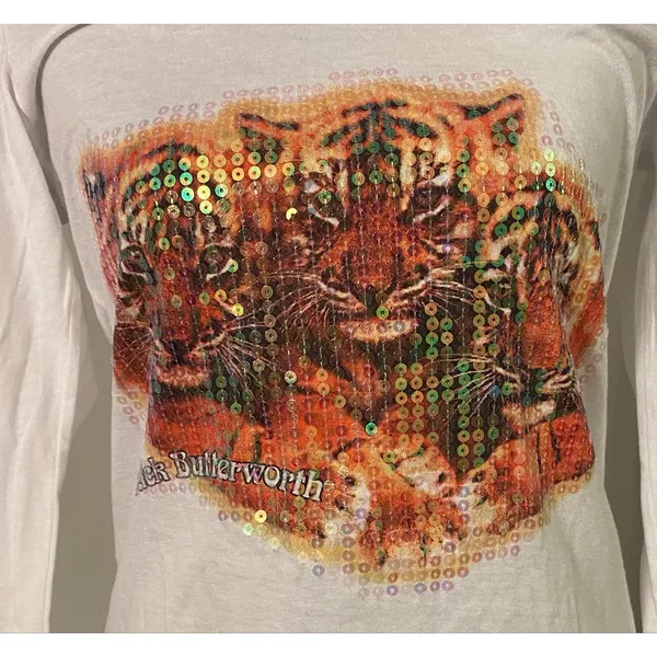 POL Rick Butterworth Tiger Sequin Graphic Long Sleeve Top Med Art to Wear L-31 - Image 4