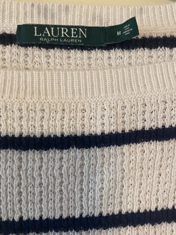 Women's LRL Lauren Ralph Lauren White Navy Blue Striped Thermal Style Tee Medium - Image 2