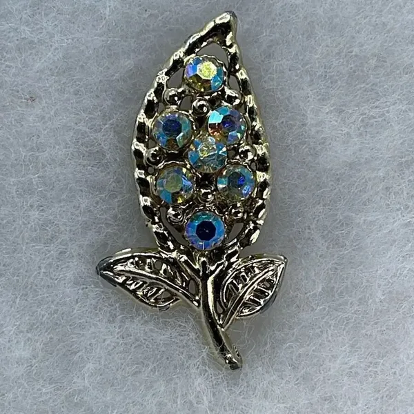 Vintage MCM leaf AB crystals large brooch. Gold - Image 4