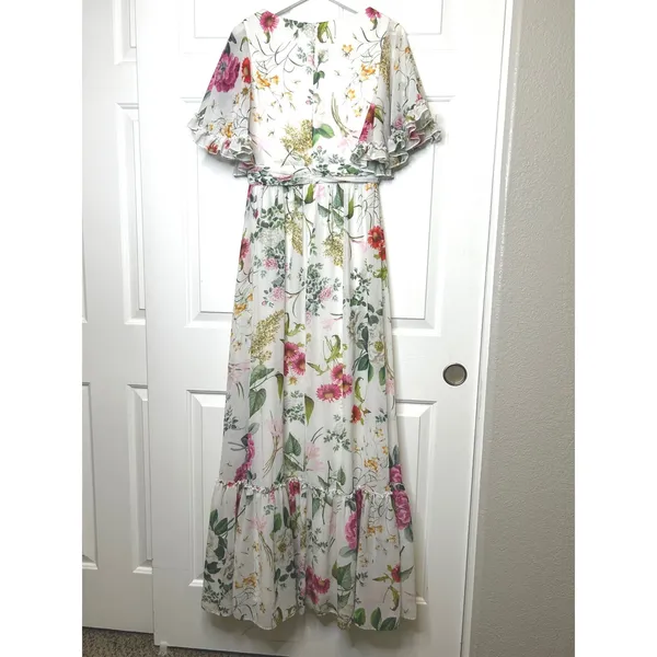 Betsy &‎ Adam Floral Maxi Dress 6 White Pink Flutter Sleeve Gown - Image 4