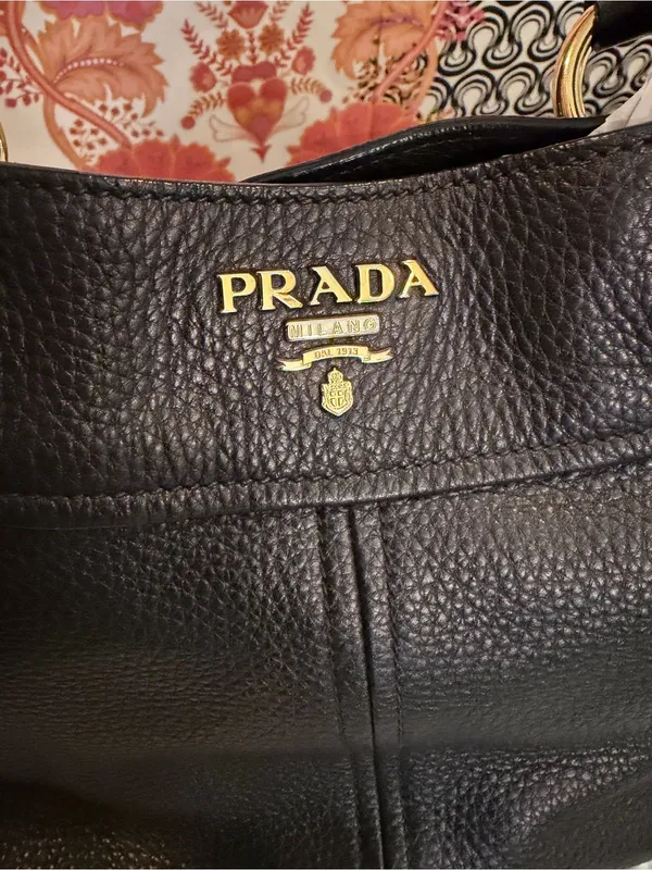 PRADA BR4393 Vitello Daino Leather East West Tote Black Gold 2-Way Bag - Image 2