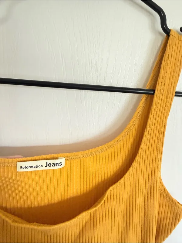 Reformation Mustard Yellow Ribbed Square-Neck Mini Dress - Image 4