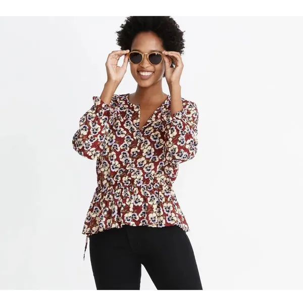 Madewell Floral Violet Pansy Blouse Burgundy Long Sleeve Peplum XS Fall Florals - Image 2