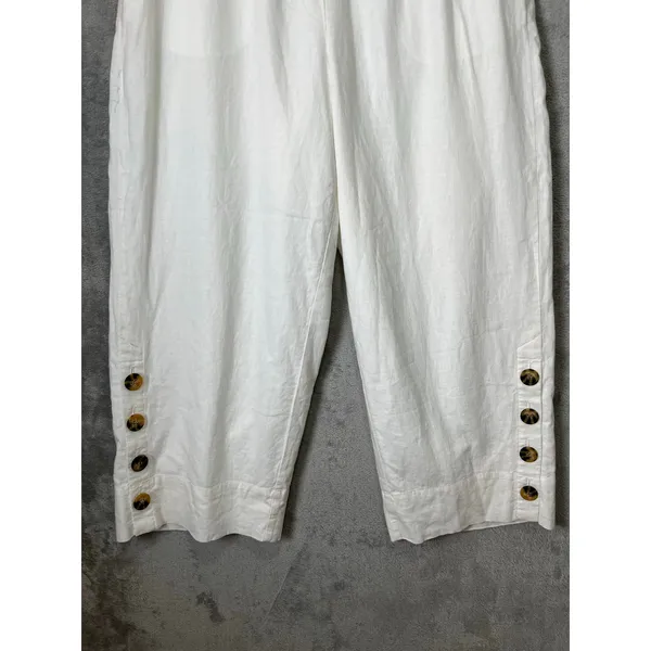 John Mark White Linen Blend Cropped Wide Leg Pants Elastic Waist‎ Button Hem MD - Image 2