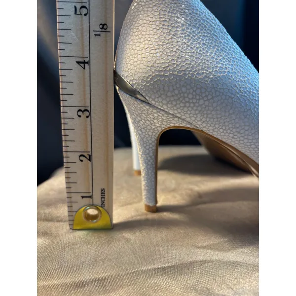 Calvin Klein White Textured Pointed Toe Stiletto Pumps Heels Silver Logo Accent - Image 5