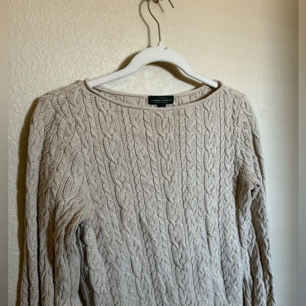 Y2K‎ Lauren Ralph Lauren Cable Knit Delicate Sweater Sz Medium Oat Tan Heathered - Image 4