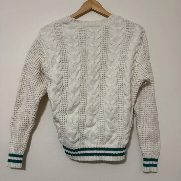 American Eagle Cream Cable Knit Cotton Sweater with Green Striped cuffs - Image 3