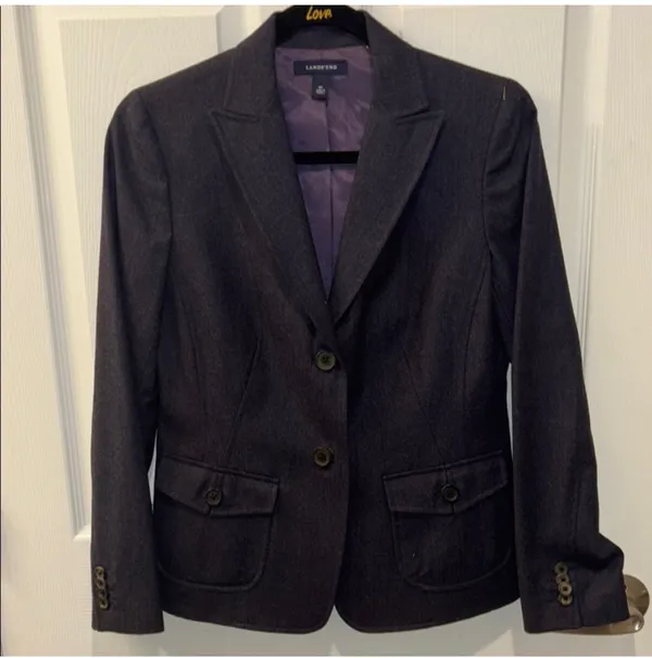 Lands’ End Navy Blue Wool Blend Blazer Jacket Size 4P Purple Lining Career Chic Boho Eclectic - Image 3