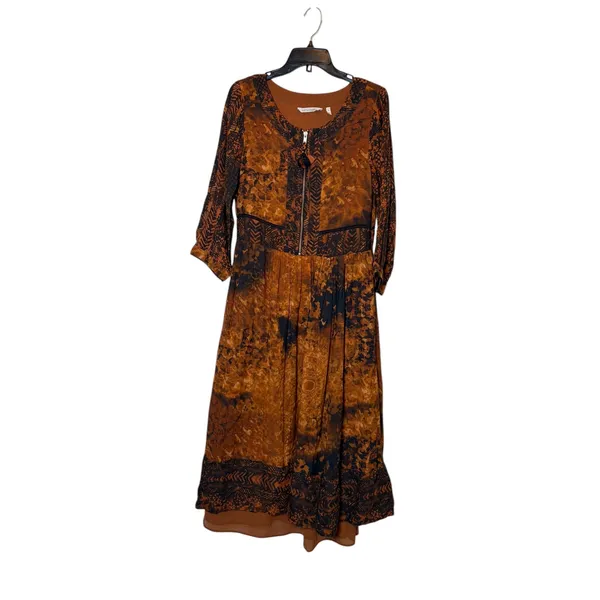 Soft Surroundings Rust Batik Midi Dress 3/4 Sleeve Tassel Zip Venetian boho Sz 4 - Image 3