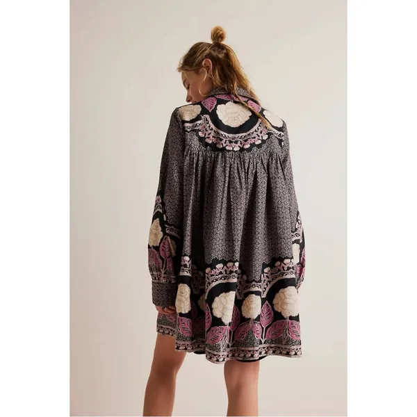 Free People Smell The Roses Mini Shirt Dress Tunic Bohemian Snap Front Medium - Image 2