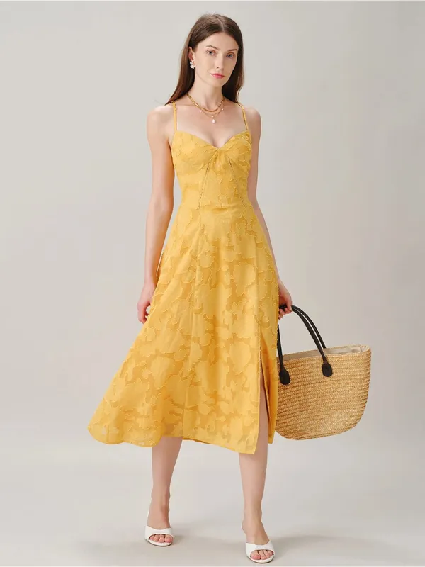 Rihoas Yellow X Cross Jacquard Slip Midi Dress - Image 7