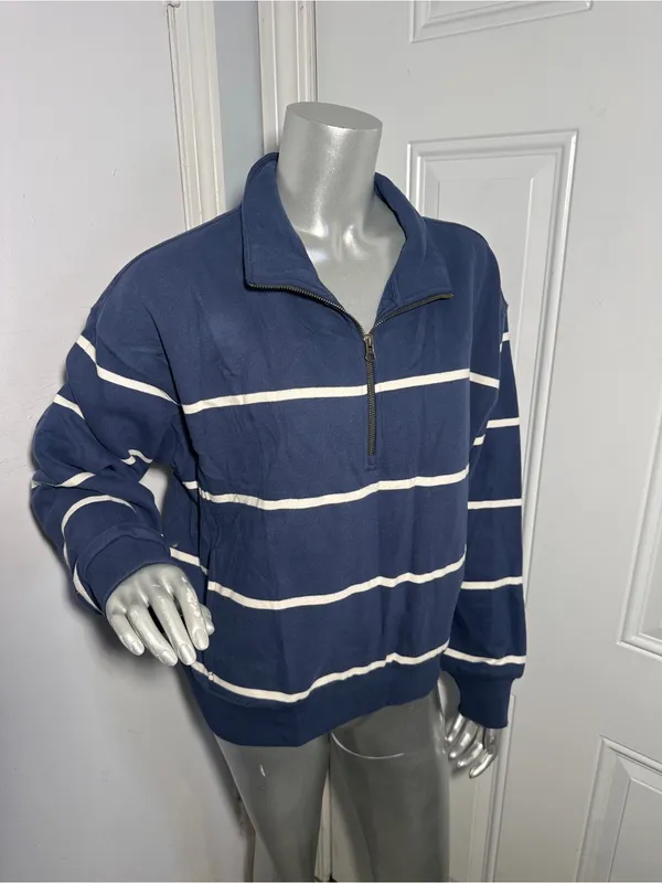 Marine Layer Cloud 9 Fleece Half Zip Sweatshirt NWT Size Large Navy Blue Stripe - Image 9