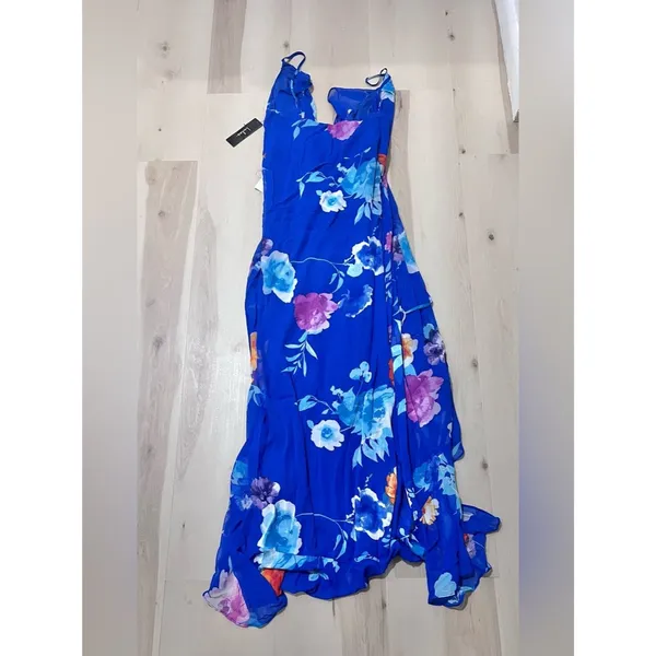 Lulus NWT Women Large Royal Blue Ladean Floral Print Ruffled Wrap Maxi Dress - Image 7