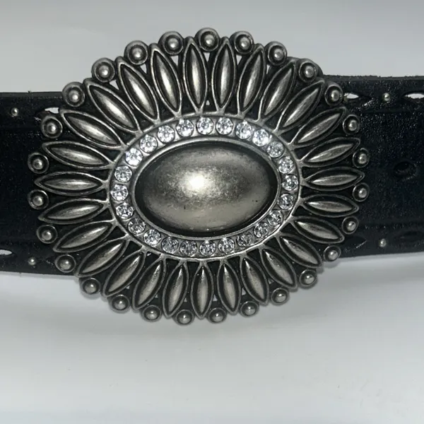 Fossil Genuine Leather Boho Southwestern Belt Bronze Rhinestone Buckle Black‎ L - Image 2