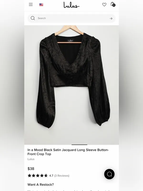 LULUS In a Mood Black Satin Jacquard Long Sleeve Crop Top Size XS - Image 3