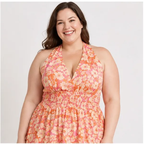Madden NYC Womens Plus 3X Tropical Floral Halter Mini Smocked Dress Pink Orange - Image 3