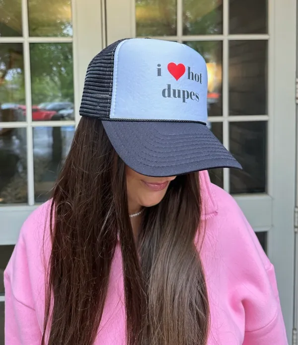 I ❤️ Hot Dupes Trucker Hat Black - Image 2
