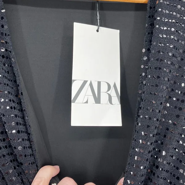 Zara Black Sequin Long Sleeve Mini Dress‎ Ruched Bodycon Size XS Party Holiday - Image 4