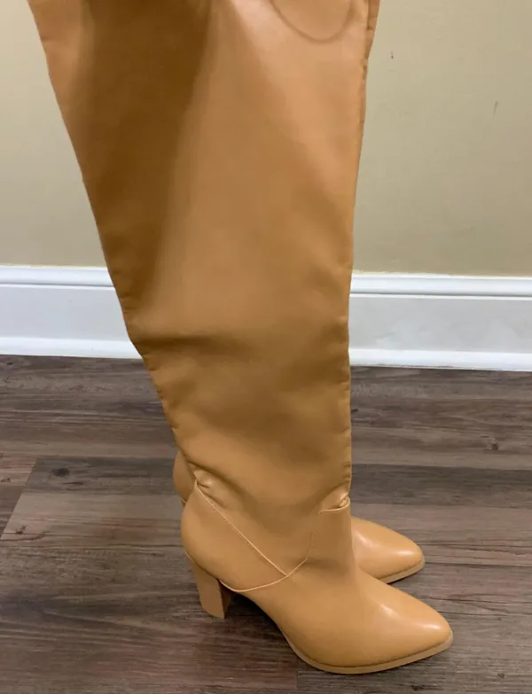 Tan Vegan Leather Heeled Stovepipe Boots - Image 4